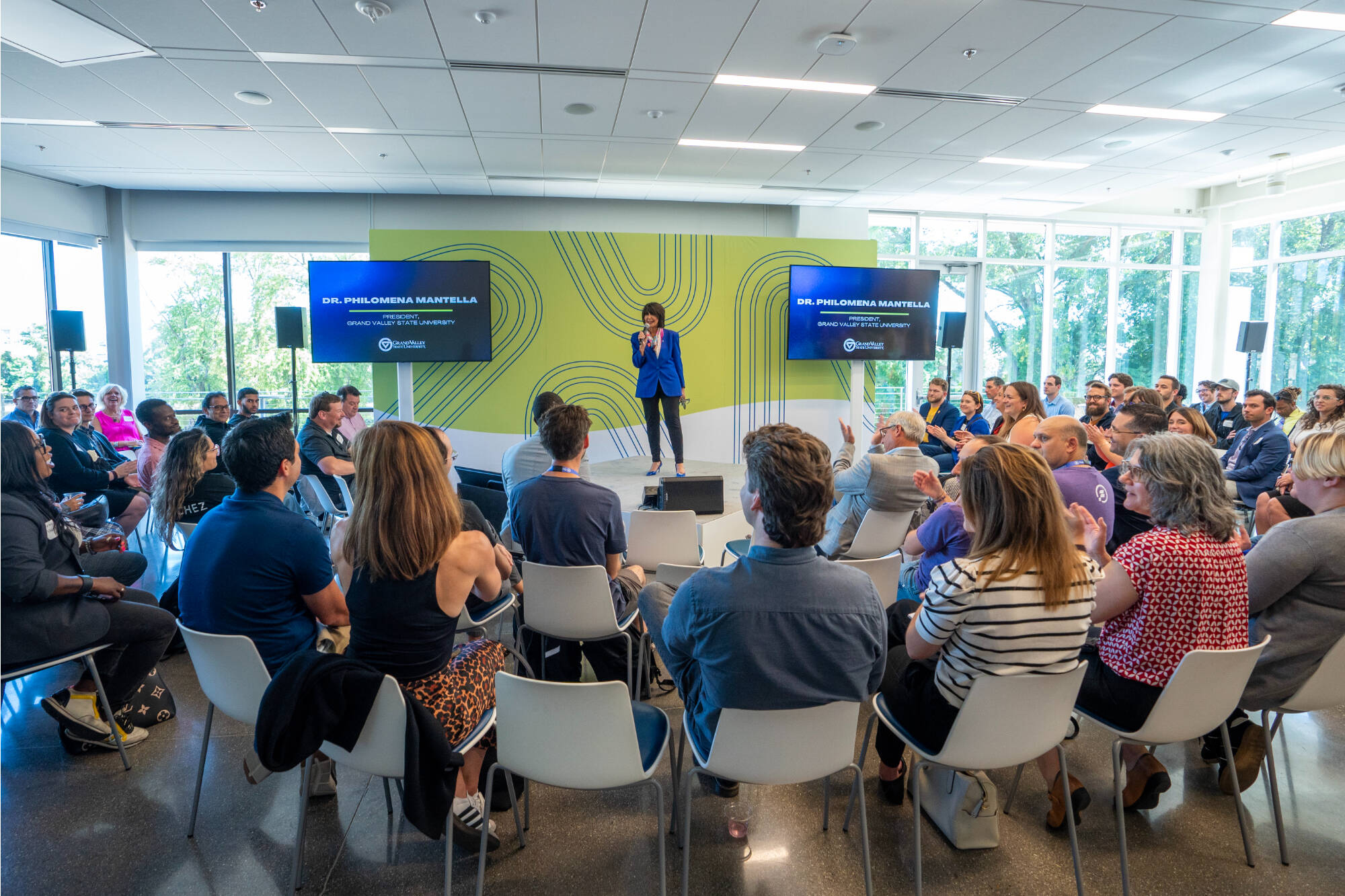 President Philomena V. Mantella speaks as part of the Tech Talks series focused on AI and Data at the John G. Russell Leadership Building in Grand Rapids on September 18.